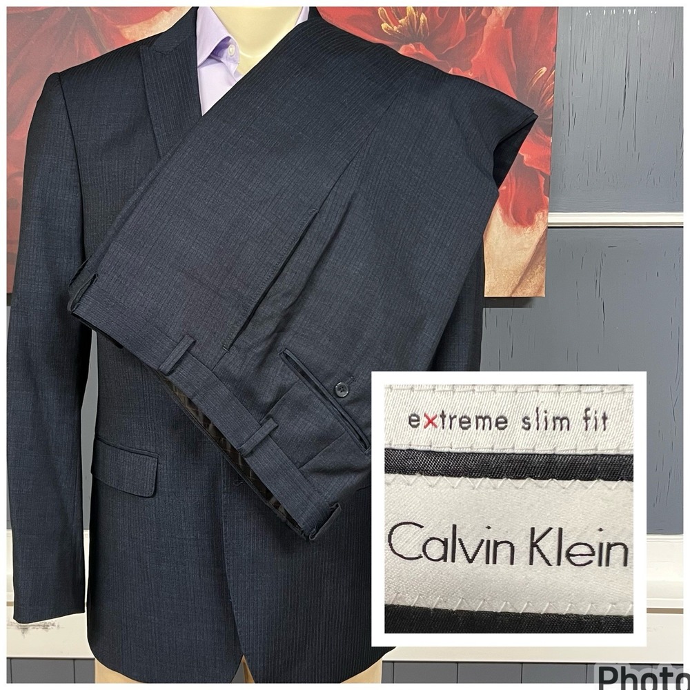 Calvin Klein Extreme Slim Fit Suit Mens 42R Wool Pants 34x30 Dark Navy/Black